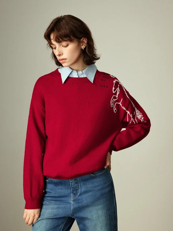 TOYOUTH Women's Arctic Fleece Thick Sweater Winter New New Year Red Letter & Horse Embroidery Crew Neck Top