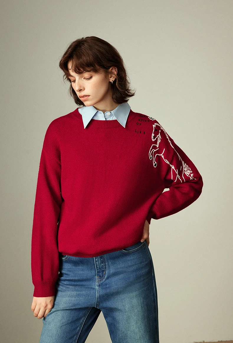 Kf-S51425Aae0F0140428A7A112Cb7D7Ecf3O Toyouth Women'S Arctic Fleece Thick Sweater Winter New New Year Red Letter &Amp;Amp; Horse Embroidery Crew Neck Top