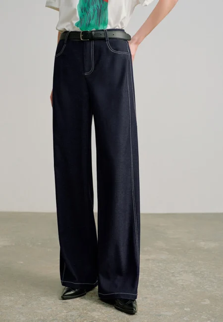 TOYOUTH Women Faux Denim Casual Pants 2026 Spring New Drapey Wrinkle Resistant Loose Wide Leg Mid High Waist Trousers