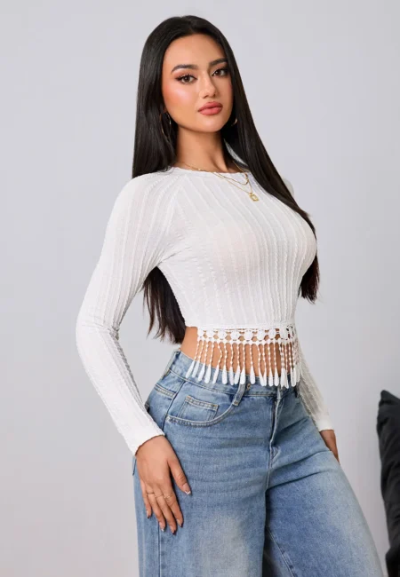 Fairyshely Casual Tassel Bodycon T shirt Autumn Women White Crop Top Lady Winter Long Sleeve Club Short Tops Clothes