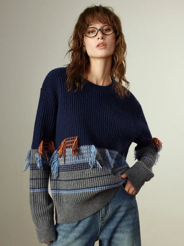 TOYOUTH Women Sweaters Winter New Loose Retro Nomadic Style Tassels Color block High GSM Arctic Fleece Tops