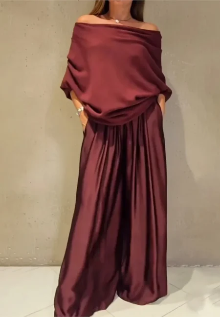 Fashion Satin Off shoulder Women Long sleeved T shirt Trousers Suit Autumn Elegant Woman Loose Wide leg Trousers 2piece Set