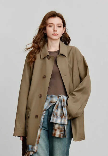 TOYOUTH Women Trench Coat Autumn New Barn Style Plaid Splicing Long Sleeve Streetwear Mid Length Jacket With Waist Belt