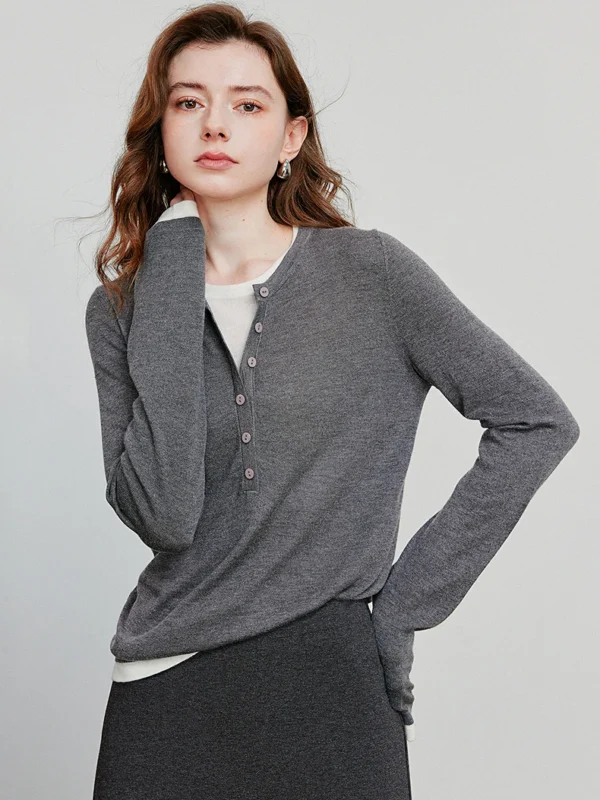 TOYOUTH Women Knitted Shirt Autumn New Retro Color Contrast Splicing Fake Two Piece Pullover Bottom Tops