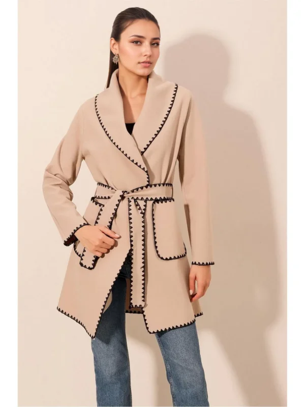 Winter khaki Long Woolen Coat For Women Thick Blet Pocket Long Sleeve Jacket Lady Warm Turn down Collar Wool And Blend Coat