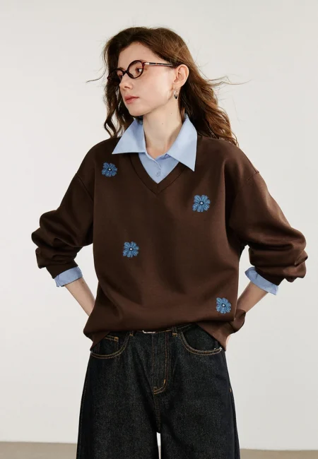 TOYOUTH Women Sweatshirt Autumn New Denim Flower Embroidery Fake Two Piece Splicing Turn Down Collar Cotton Casual Pullover