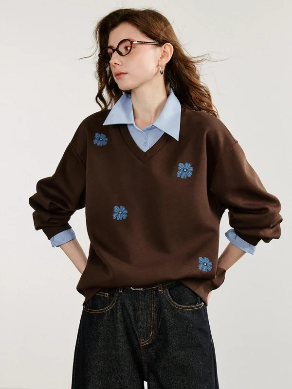 TOYOUTH Women Sweatshirt Autumn New Denim Flower Embroidery Fake Two Piece Splicing Turn Down Collar Cotton Casual Pullover