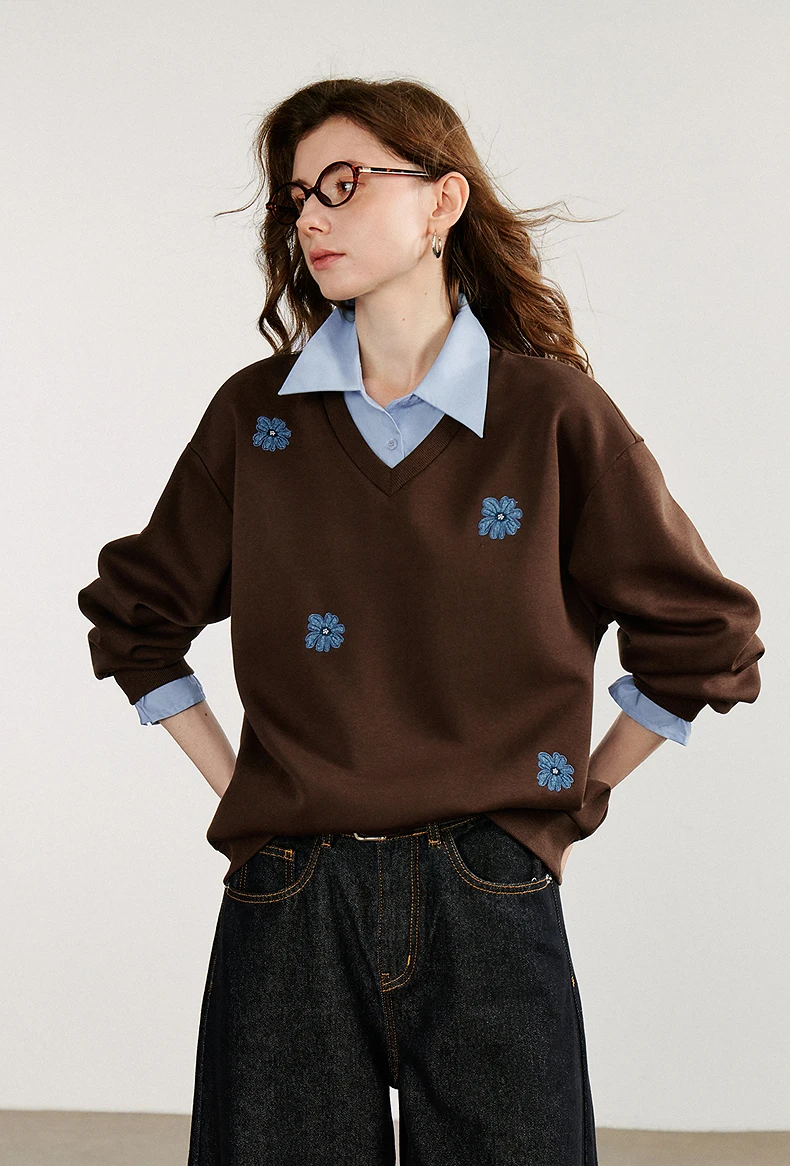 kf-S5d54681d0eaf4ad4a250c4a6e70dd98f0 TOYOUTH Women Sweatshirt Autumn New Denim Flower Embroidery Fake Two Piece Splicing Turn Down Collar Cotton Casual Pullover