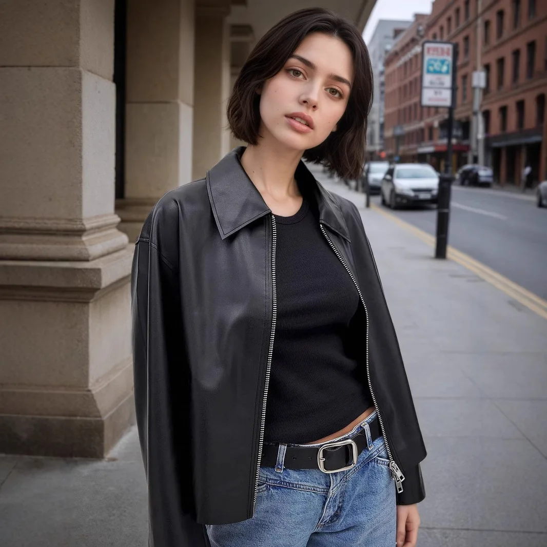 kf-S5d995c4843b2409fbf36a78ad6aab3028 Winter Women Black PU Leather Zipper Short Jacket Female Long Sleeve Cropped Coat Ladies Turn Down Collar Motorcycle Jacket