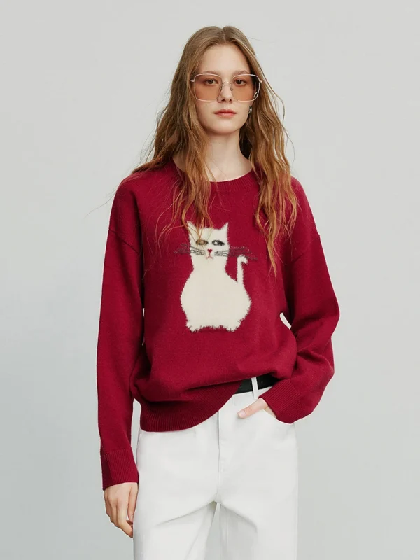 Moopsi 33 Toyouth Women Knitted Sweater Autumn New Cat Jacquard Round Neck Pullover Woolen Tops
