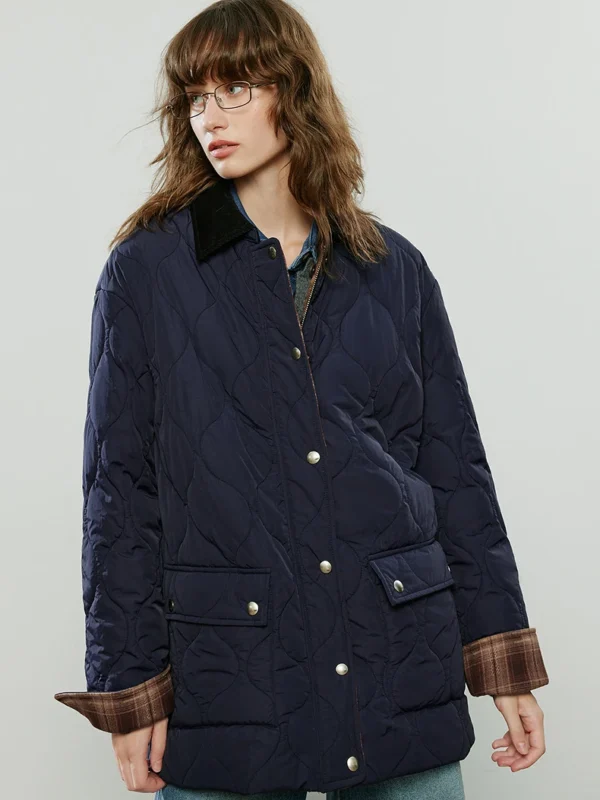 Moopsi 59 Toyouth Women Cotton Jacket Winter New Corduroy Lapel Patchwork Plaid Retro Loose Jacket Coat Navy Blue