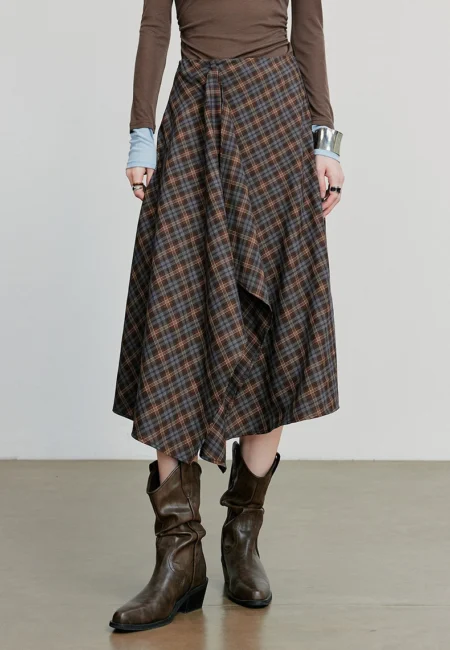 TOYOUTH Women Ankle Length Skirt Autumn New Wave Style Retro Grid A Line Irregular Umbrella Skirt