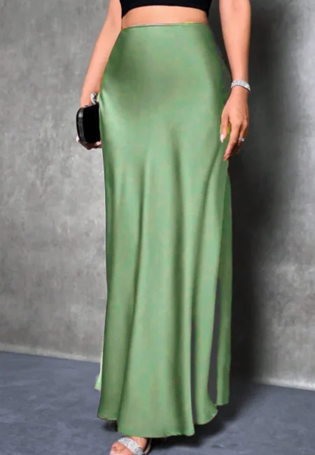 Elegant silk like satin A line midi skirt with high waist and mermaid tail for women in spring and summer