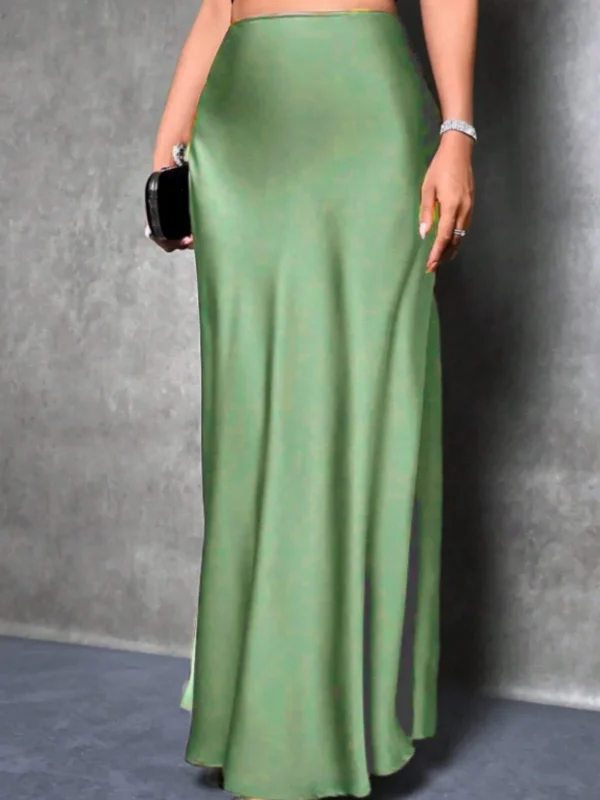 Elegant silk like satin A line midi skirt with high waist and mermaid tail for women in spring and summer