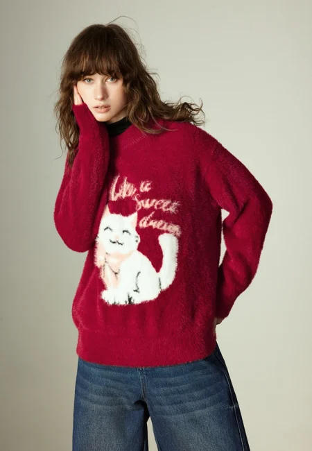 TOYOUTH Women Sweaters Winter New Chinese New Year Red Faux Fur Soft Crew Neck Loose Cat Jacquard Knitted Tops