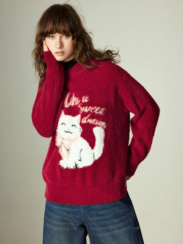 TOYOUTH Women Sweaters Winter New Chinese New Year Red Faux Fur Soft Crew Neck Loose Cat Jacquard Knitted Tops