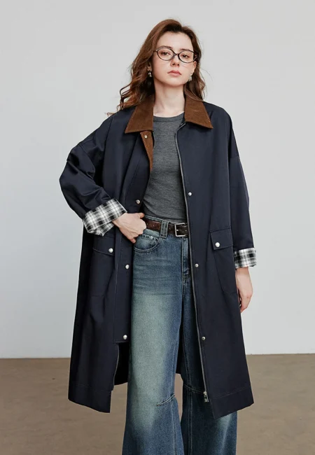 TOYOUTH Women Trench Coat Autumn New Barn Style Turn Down Collar Spliced Corduroy Plaid Flip Sleeve Long Jacket