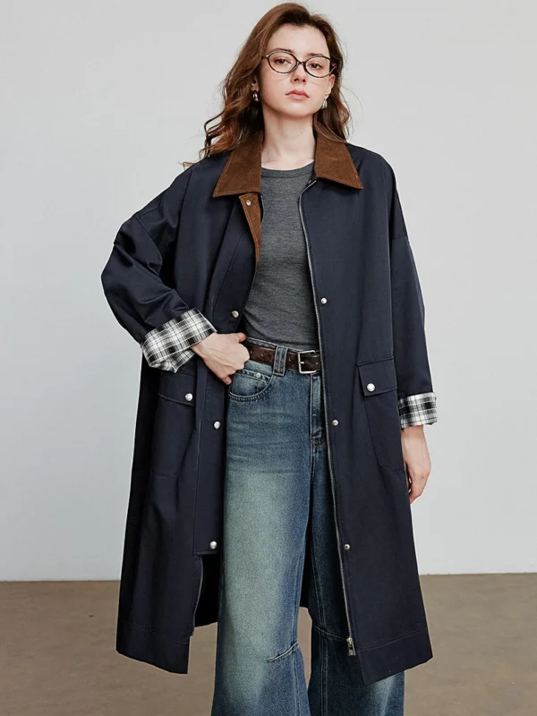 TOYOUTH Women Trench Coat Autumn New Barn Style Turn Down Collar Spliced Corduroy Plaid Flip Sleeve Long Jacket