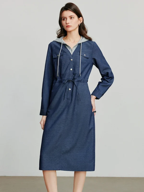 Moopsi 69 TOYOUTH Women Dress Autumn New Color Blocking Splicing Hooded Fake Denim Workwear Mid Length Dress