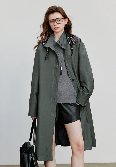 TOYOUTH Women Trench Coat Autumn New Barn Style Stand Up Collar Lightweight Mid Length Windbreaker Jacket