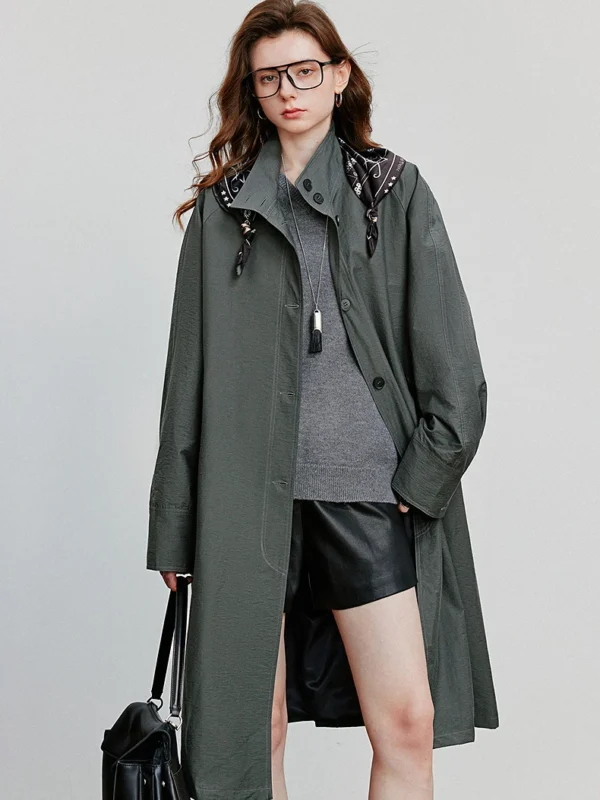 TOYOUTH Women Trench Coat Autumn New Barn Style Stand Up Collar Lightweight Mid Length Windbreaker Jacket