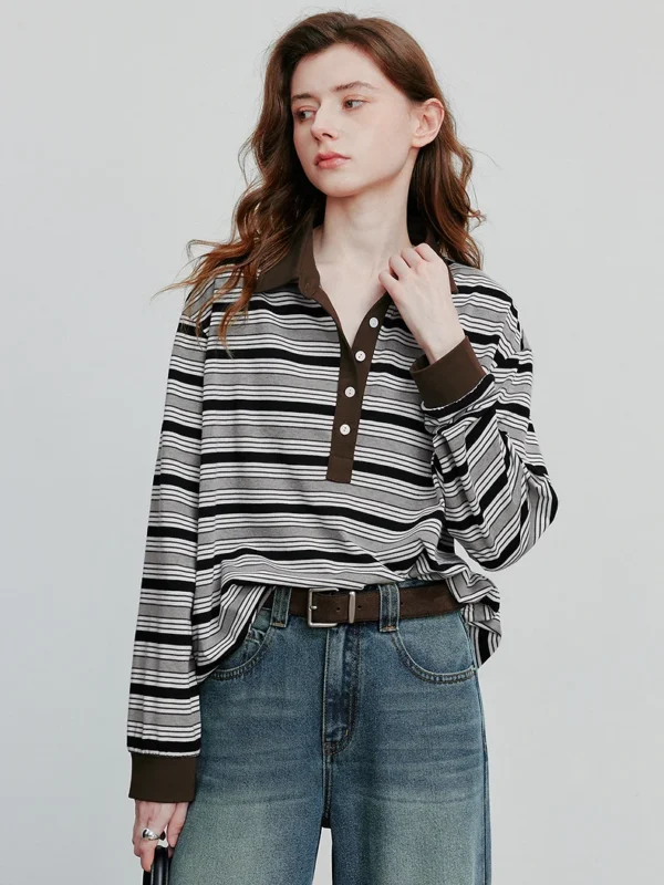 TOYOUTH Women Long Sleeve T shirt Autumn New Striped Turn Down Collar Contrasting Casual Pullover Tops