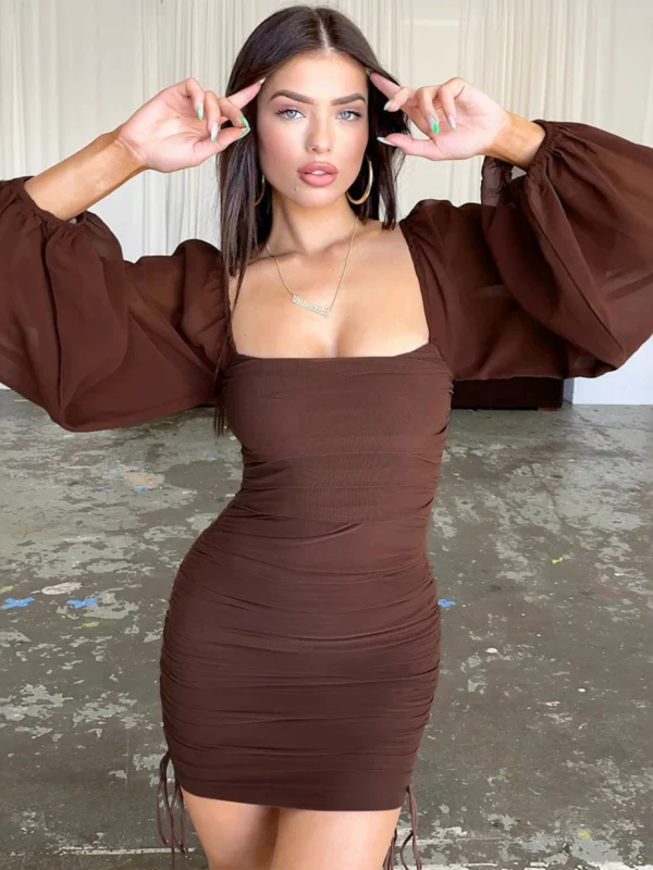 Fairyshely Fold Solid Club Short Dress Ladies Hollow Backless Mesh Bodycon Dress Women Long Sleeve Dresses Clubwear