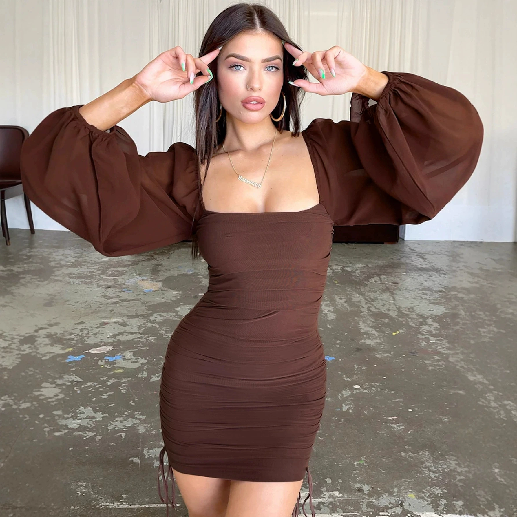 kf-S68fd7762b15c4e22a51484916ffd749dG Fairyshely Fold Solid Club Short Dress Ladies Hollow Backless Mesh Bodycon Dress Women Long Sleeve Dresses Clubwear