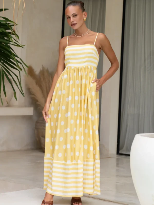 Summer Fashion New Women's Elegant Printed Strap A line Dress Strap Big Swing High Waist Bareback Dress