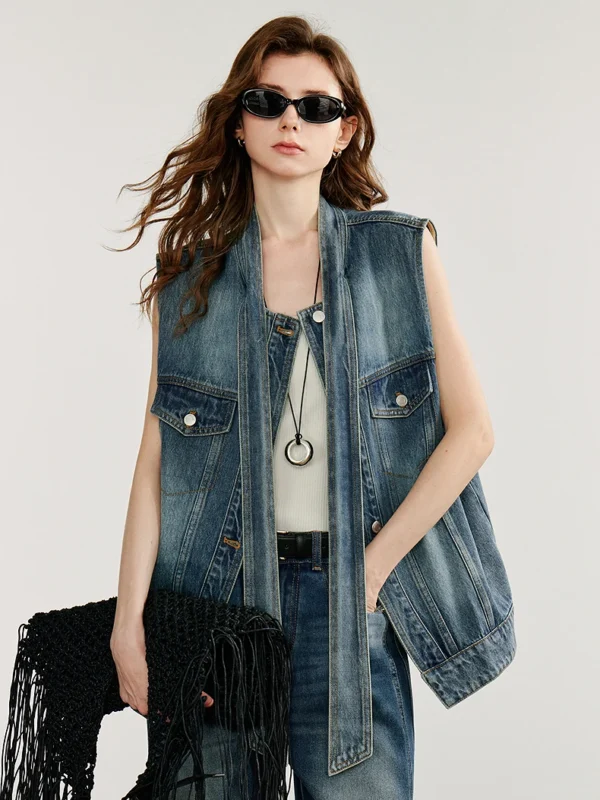TOYOUTH Women Sleeveless Denim Jacket Autumn New Patchwork Retro Style Tie Up Pure Cotton Coat