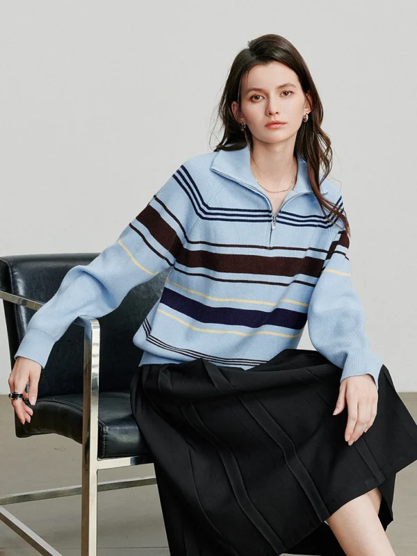 Moopsi 33 Toyouth Women Knitted Sweater Autumn New Fashionable Style Striped Zipper High Collar Woolen Pullover Sweater Tops