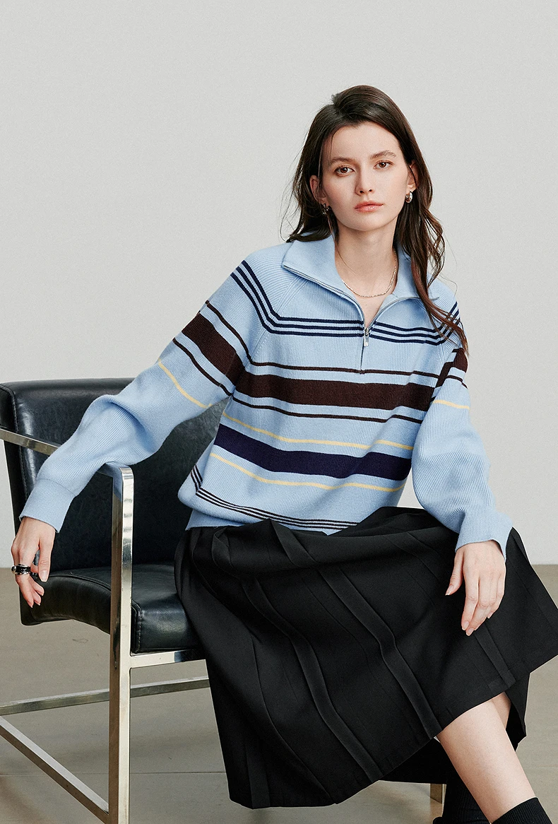 Kf-S6Cf37B0982A1466Fa937F880F1C20154F Toyouth Women Knitted Sweater Autumn New Fashionable Style Striped Zipper High Collar Woolen Pullover Sweater Tops