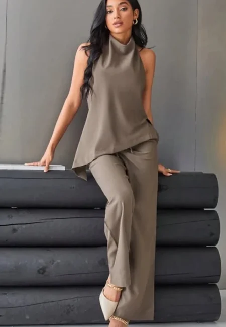 HXAO Satin Pant Sets Women's Two Pieces Set Asymmetric Halter Top Set 2 Piece Woman Outfit Chic High Waist Lace Up Trousers Sets