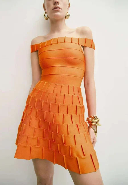 Orange Off-Shoulder Pleated Mini Dress for Parties & Events