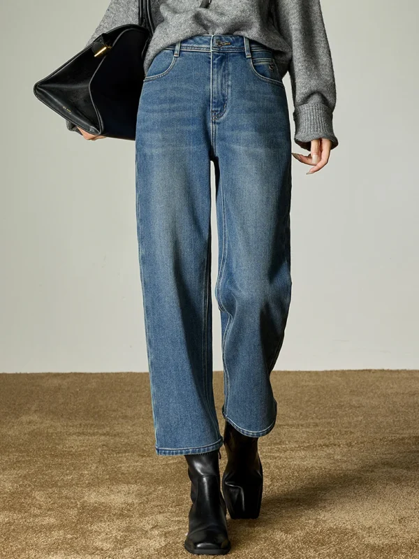 TOYOUTH Women Shaping Denim Straight Pants Winter New Lycra Elastic Brushed Warm Petite Friendly Cropped Trousers