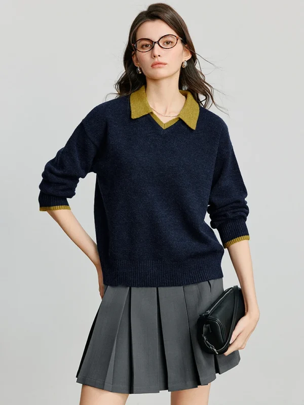 Moopsi 33 TOYOUTH Women Knitted Sweater Autumn New Match Color Splicing Long Sleeve Turn Down Collar Pullover Tops