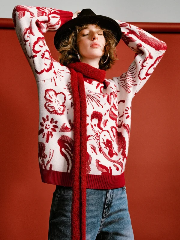 Moopsi 65 Toyouth Mengzhu Daji New Year Co Branded Sweater For Women Winter New Crew Neck Loose Year Of The Horse Art Totem Top