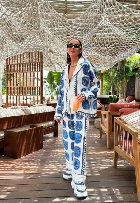 Fashion Boho Print Suit Women Autumn Loose Lapel Long Sleeve Single Breasted Shirt Elastic Waist Wide Leg Pants Two Piece Set