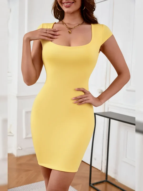 Fairyshely Square Collar Short Club Dress Ladies Summer Short Sleeve Bodycon Dresses Evening Party Tight Mini Dress