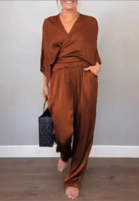 Satin New Fashion Suit Women's Summer Solid Knotted Short Sleeve V Neck Batwing Sleeve Top Satin Pants Set Two Piece Sets