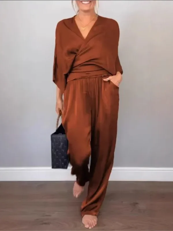 Moopsi 31 Satin New Fashion Suit Women'S Summer Solid Knotted Short Sleeve V Neck Batwing Sleeve Top Satin Pants Set Two Piece Sets