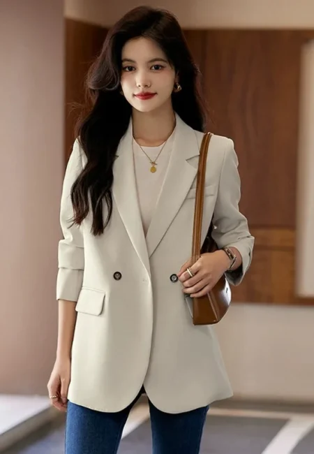 Women's Spring and Autumn Design New Stitched Suit Collar Button Pocket Fashion Solid Color Casual Long Sleeve Blazers