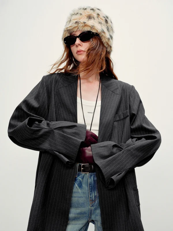 TOYOUTH Women Vintage Striped Blazers 2026 Spring New Dark Gray Wrinkle Resistant Intellectual Suit Jackets