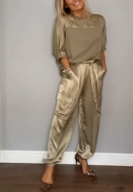 Summer Fashion New Elegant Women's Set Street Scenery Smooth Satin Half Sleeve Shirt Casual Pants Sports Two Piece Set