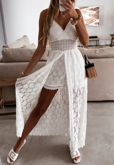 Summer V Neck Solid Color Lace Hollow Out Sleeveless Sling Party Wear High Waist Rompers Holiday Casual White Women's Jumpsuit