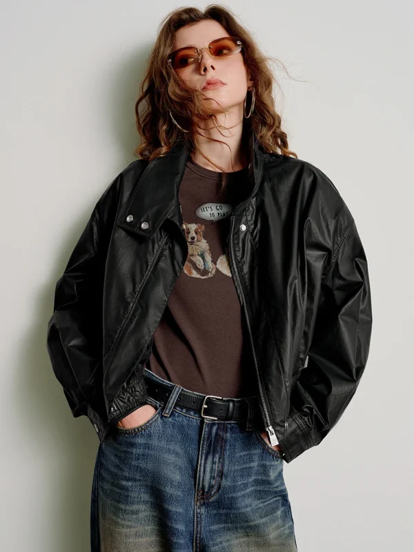 TOYOUTH Women Washed Cotton Jackets 2026 Spring New Black Loose Cropped Cool Biker Style Coats