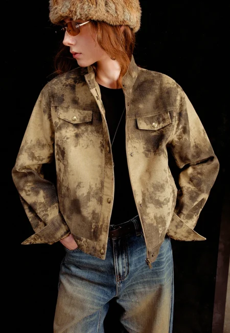 TOYOUTH Women Corduroy Jackets 2026 Spring New Stand Collar Tie Dye Printed Vintage Coats