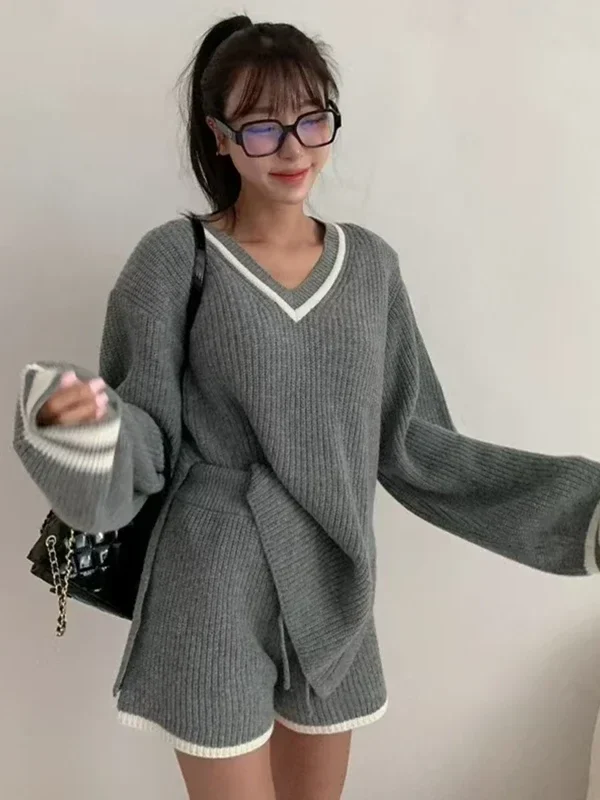 Cozy Knit V-Neck Sweater & Sport Shorts Matching Set for Women