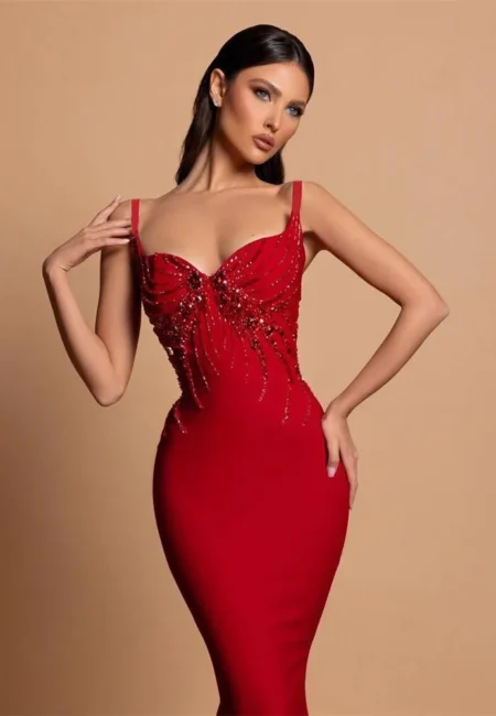 Beaded Bandage Dress Spaghetti Strap Ankle Length Evening