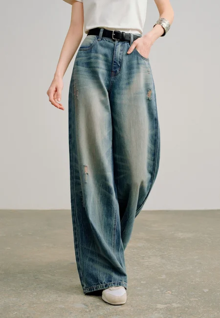 TOYOUTH Women Ice Crack Texture Warm Cotton Jeans 2026 Spring New Distressed Vintage Mid Rise Wide Leg Pants